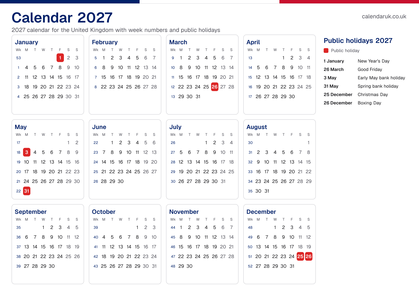 Calendar 2027 with week numbers and public holidays
