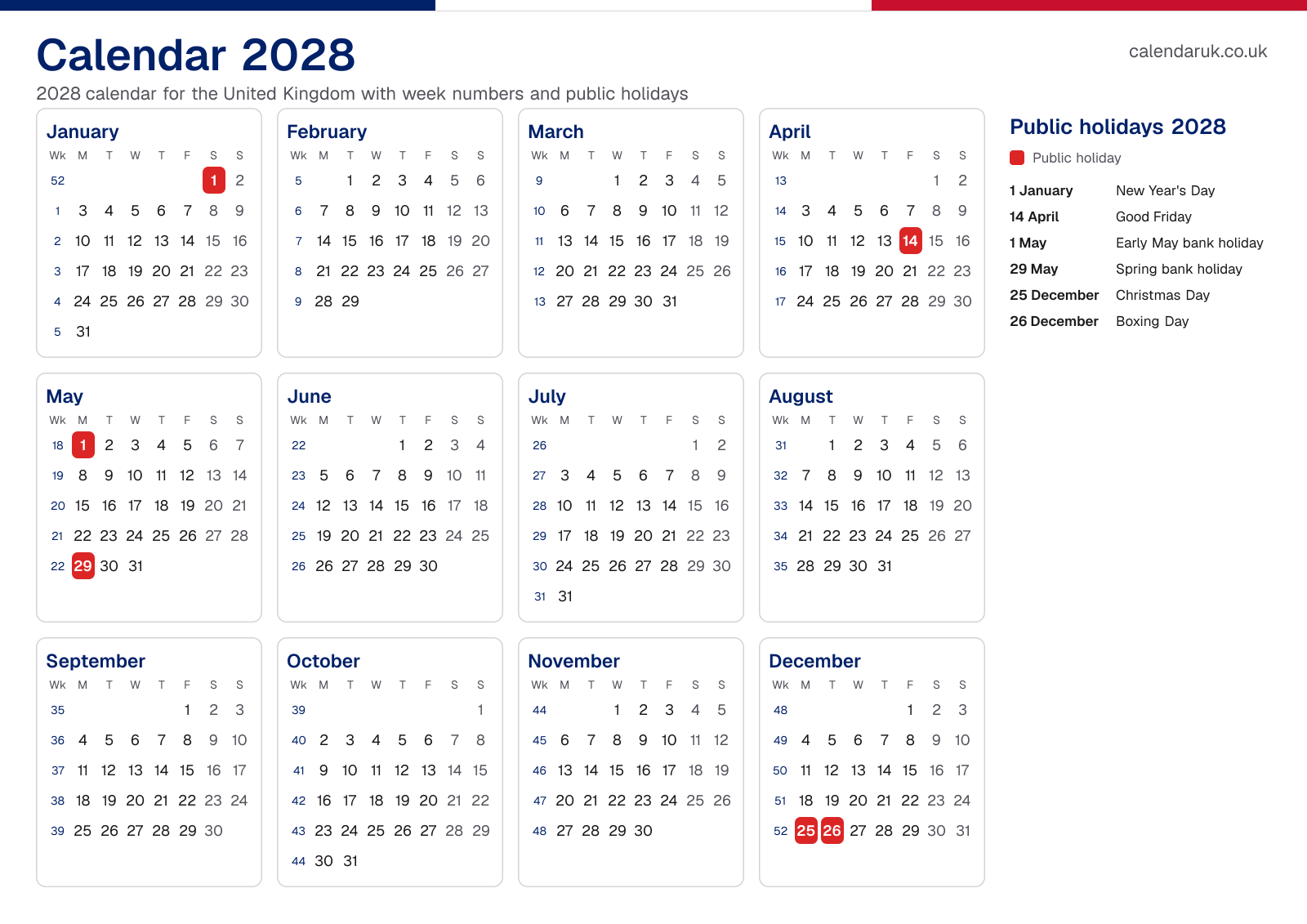 Calendar 2028 with week numbers and public holidays