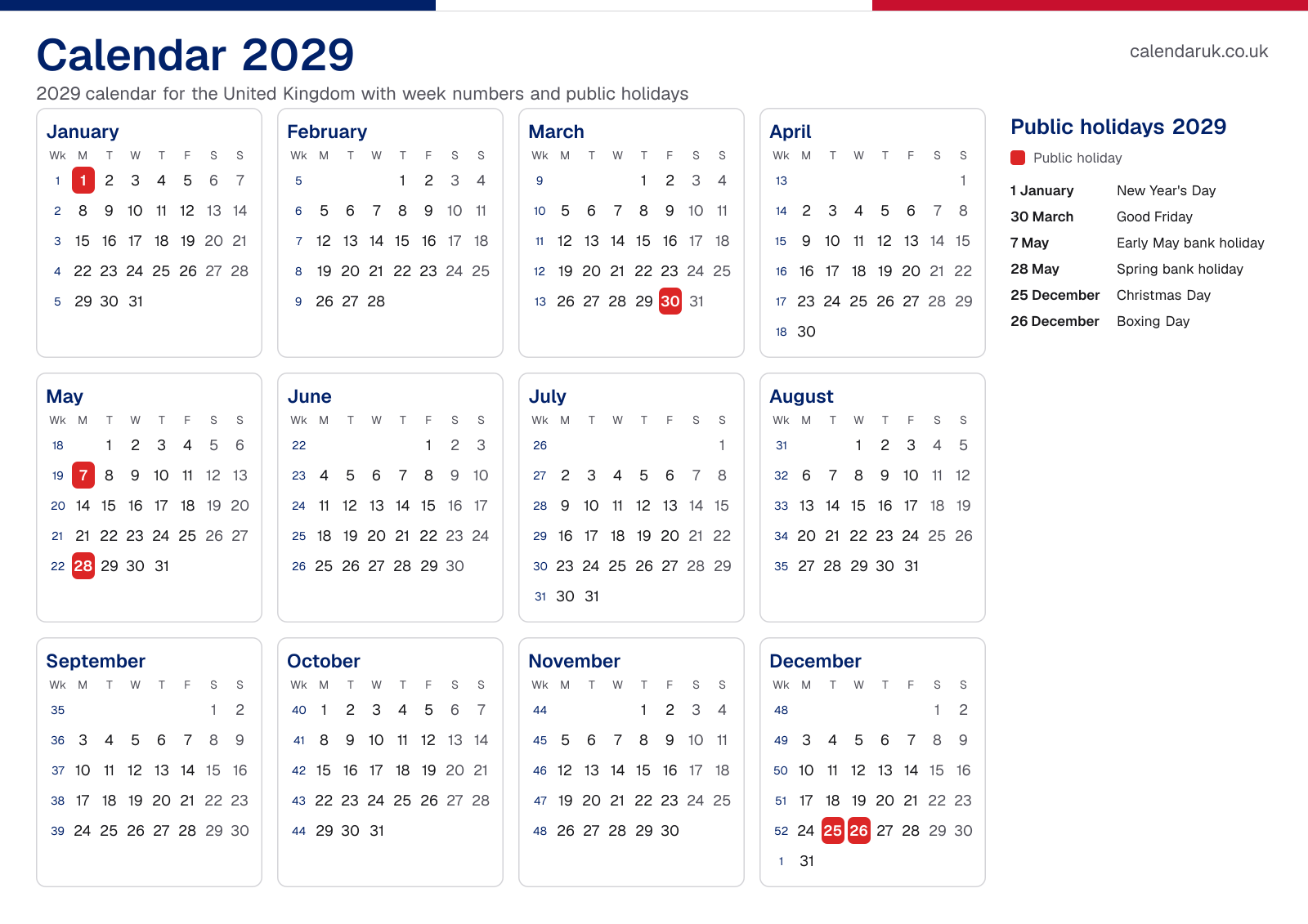 Calendar 2029 with week numbers and public holidays