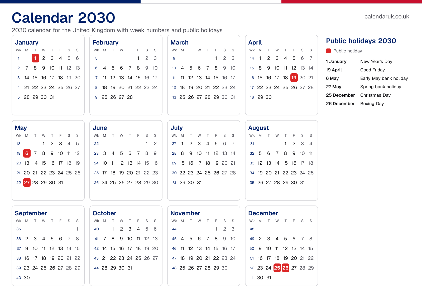 Calendar 2030 with week numbers and public holidays