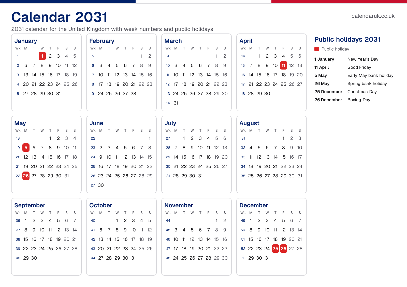 Calendar 2031 with week numbers and public holidays